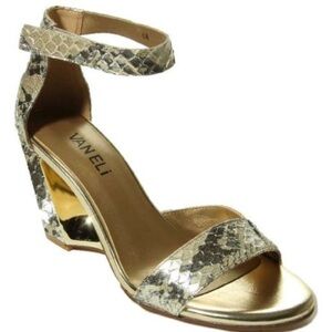 VanEli Boden Marmi Snakeskin Wedge Gold/Beige Brown/Gray Velcro Ankle Strap Shoe